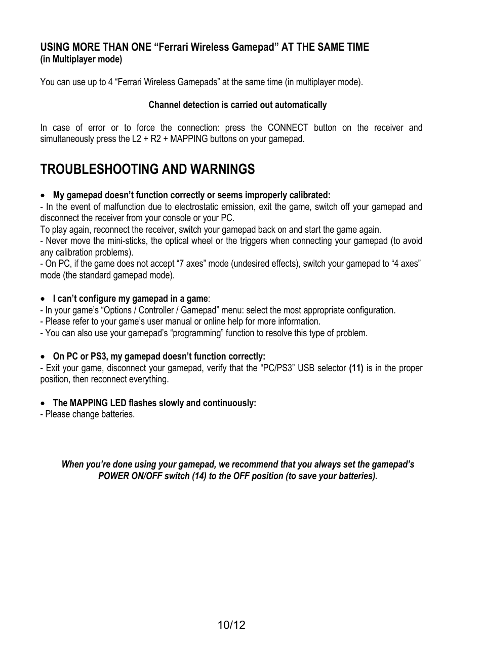 Troubleshooting and warnings | Thrustmaster F1 Alonso Wireless Gamepad User Manual | Page 11 / 146