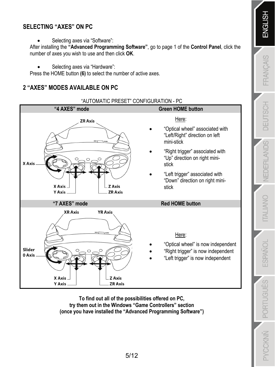 5/12 selecting “axes” on pc, 2 “axes” modes available on pc | Thrustmaster F1 Alonso Wireless Gamepad User Manual | Page 6 / 146