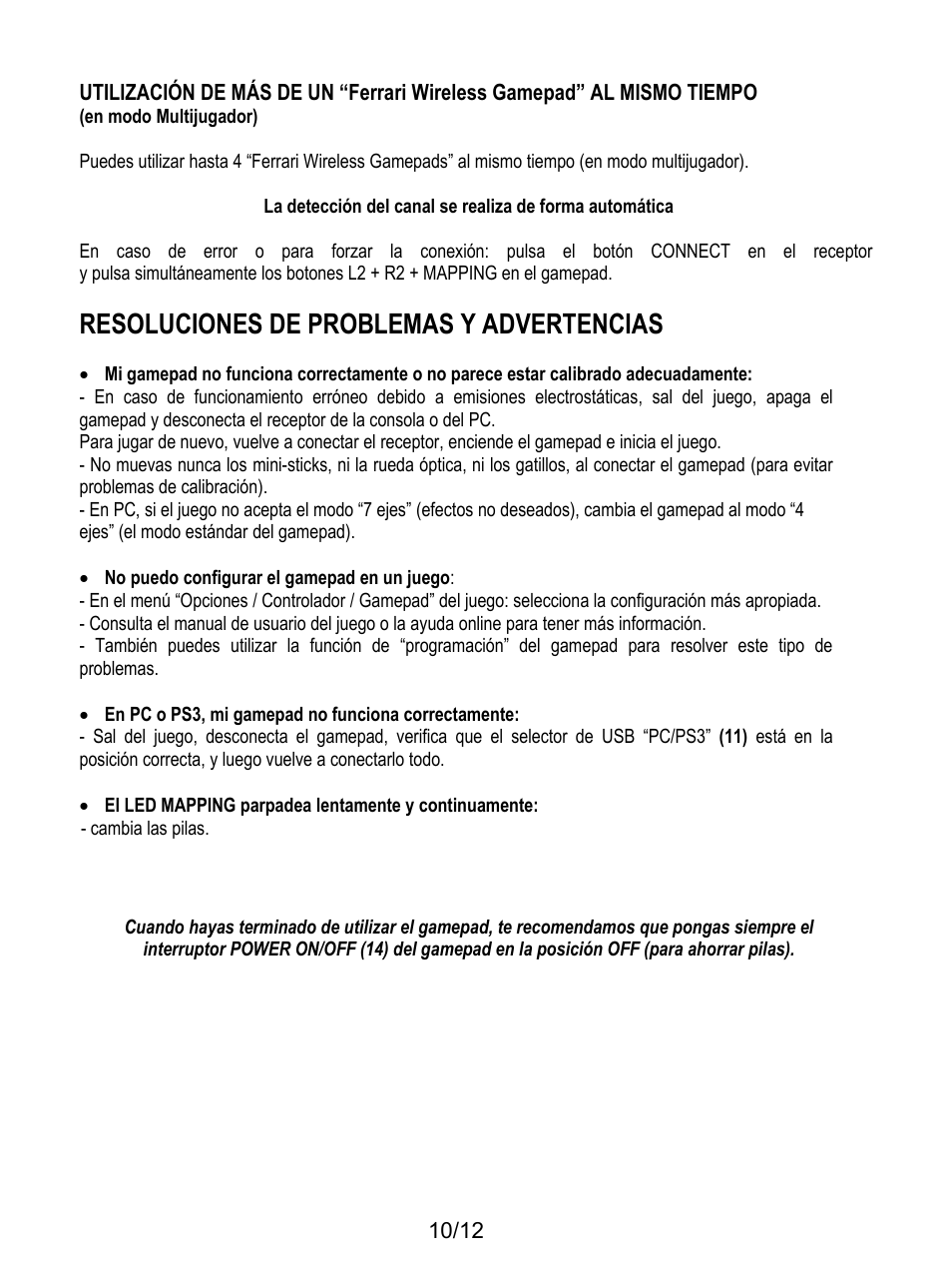 Resoluciones de problemas y advertencias | Thrustmaster F1 Alonso Wireless Gamepad User Manual | Page 71 / 146