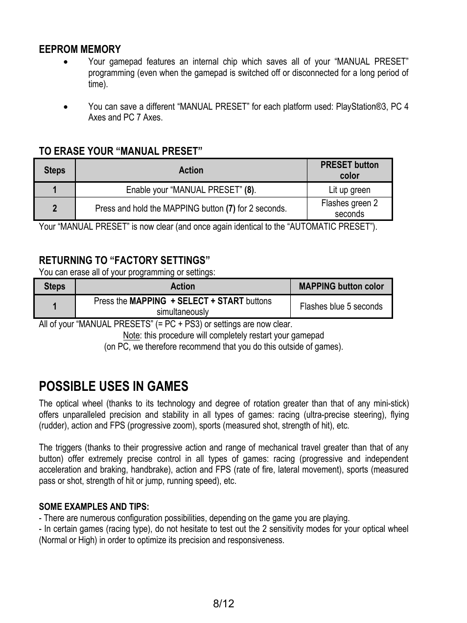 Possible uses in games | Thrustmaster F1 Alonso Wireless Gamepad User Manual | Page 9 / 146