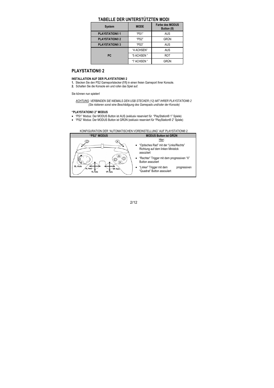Tabelle der unterstützten modi, Playstation® 2 | Thrustmaster Run'N' Drive 3-in-1 Rumble Force User Manual | Page 27 / 85