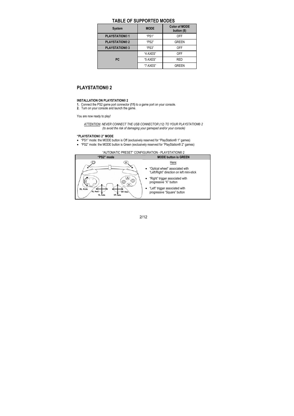 Table of supported modes, Playstation® 2 | Thrustmaster Run'N' Drive 3-in-1 Rumble Force User Manual | Page 3 / 85