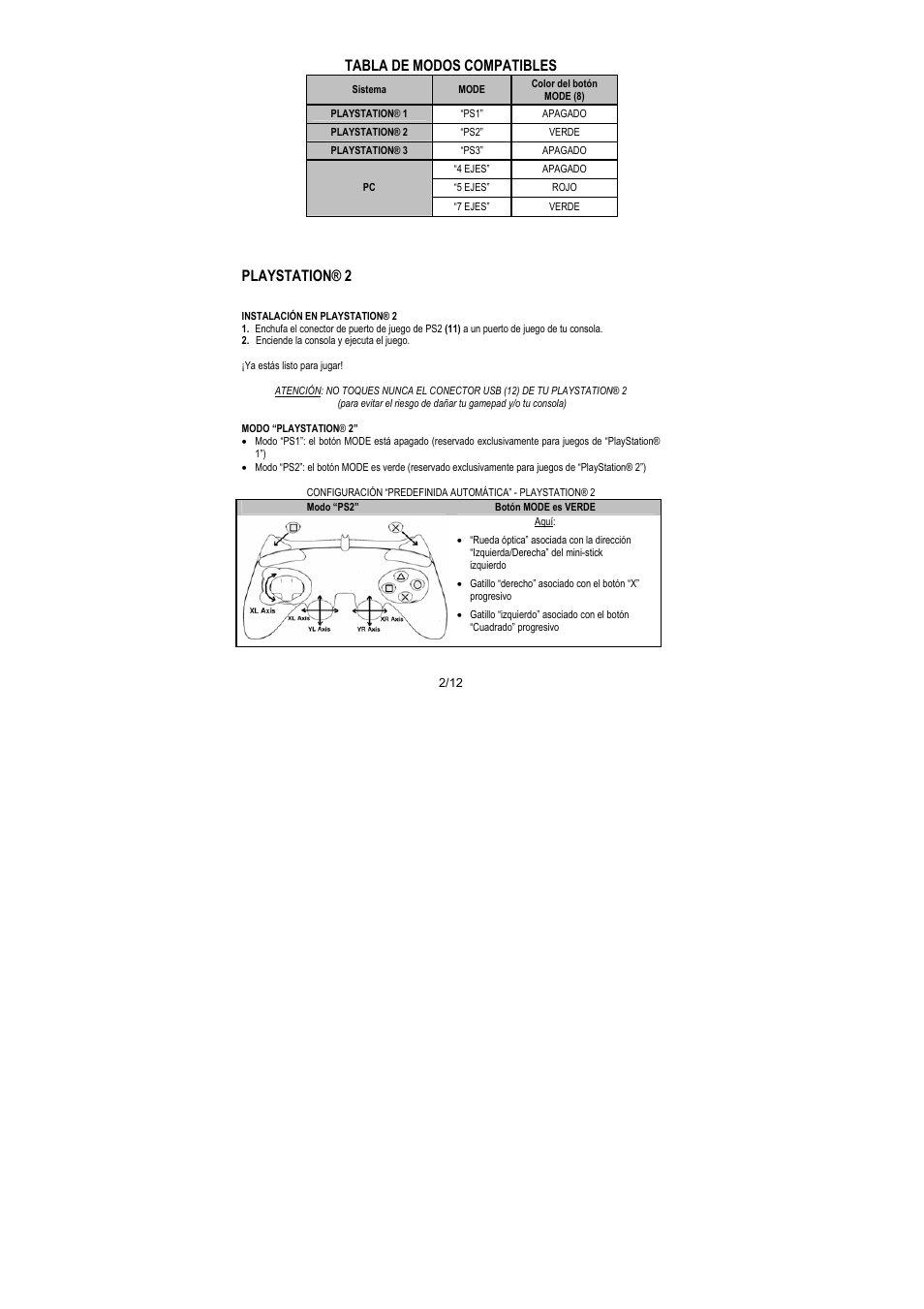 Tabla de modos compatibles, Playstation® 2 | Thrustmaster Run'N' Drive 3-in-1 Rumble Force User Manual | Page 63 / 85