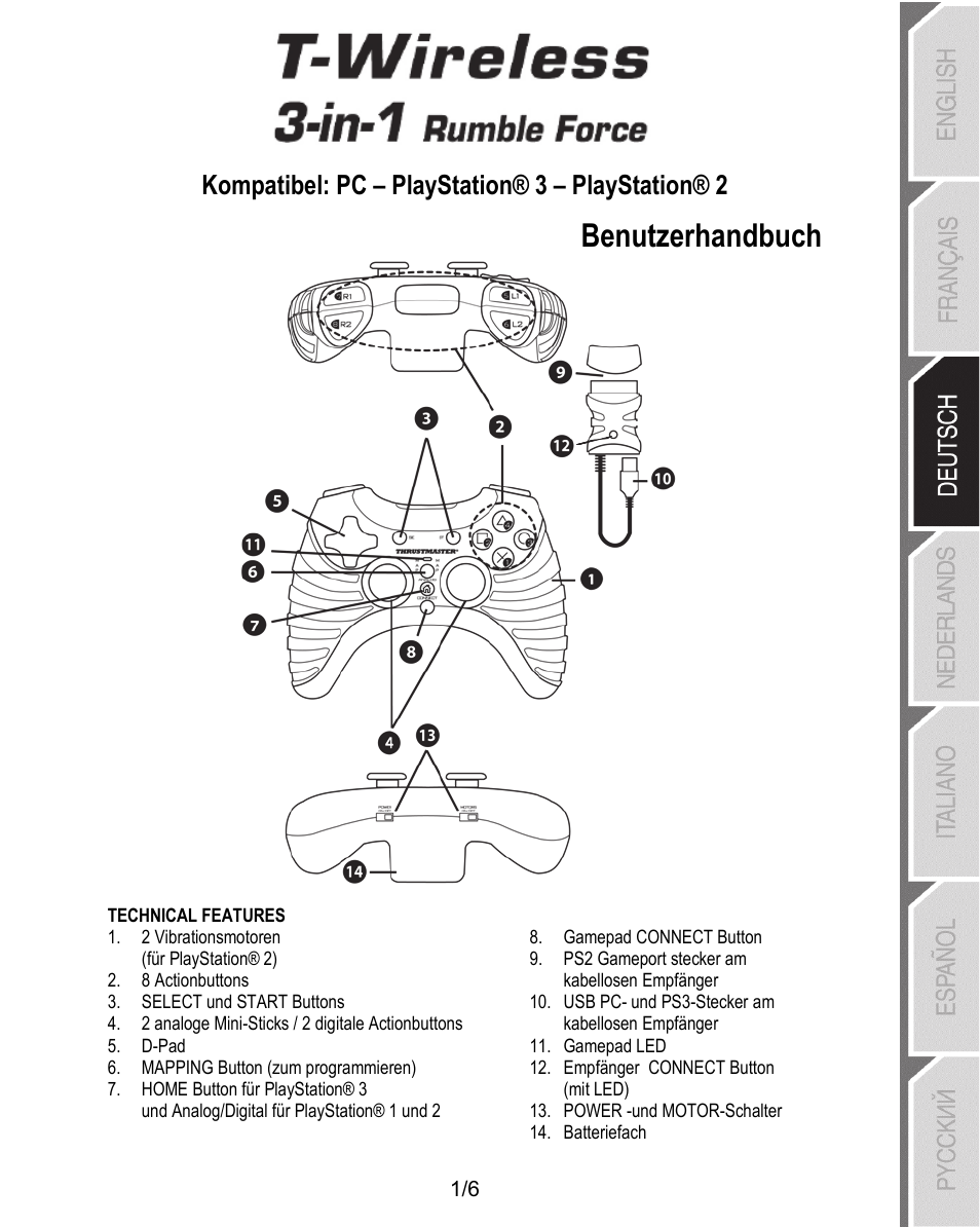 03_deu_t-wireless 3-in-1_rumble_force_5090601, Benutzerhandbuch, Kompatibel: pc – playstation® 3 – playstation® 2 | Thrustmaster T-Wireless 3-in-1 Rumble Force User Manual | Page 14 / 50