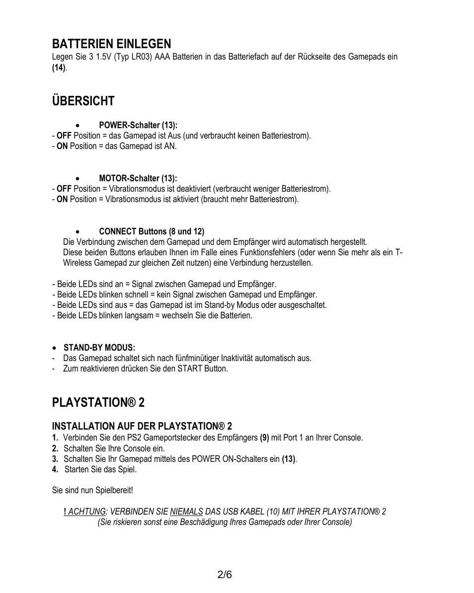 Batterien einlegen, Übersicht, Playstation® 2 | Thrustmaster T-Wireless 3-in-1 Rumble Force User Manual | Page 15 / 50