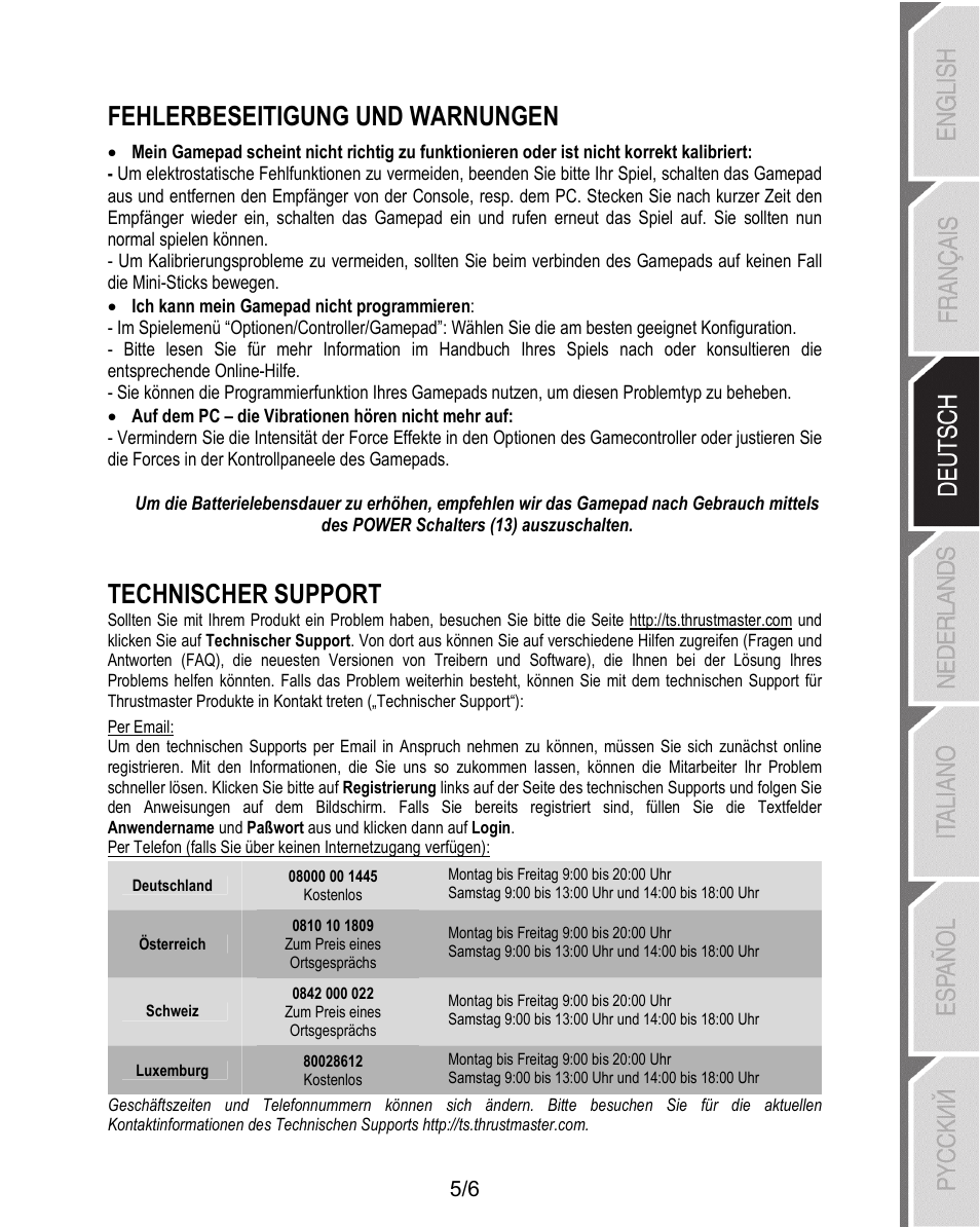 Fehlerbeseitigung und warnungen, Technischer support | Thrustmaster T-Wireless 3-in-1 Rumble Force User Manual | Page 18 / 50