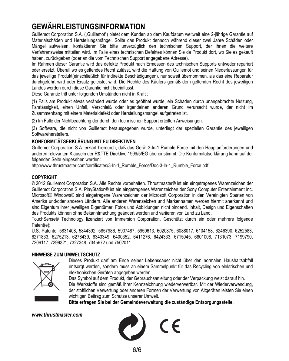 Gewährleistungsinformation | Thrustmaster T-Wireless 3-in-1 Rumble Force User Manual | Page 19 / 50