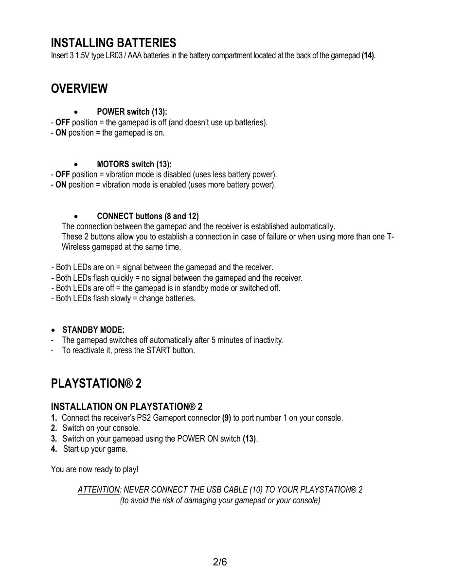 Installing batteries, Overview, Playstation® 2 | Thrustmaster T-Wireless 3-in-1 Rumble Force User Manual | Page 3 / 50