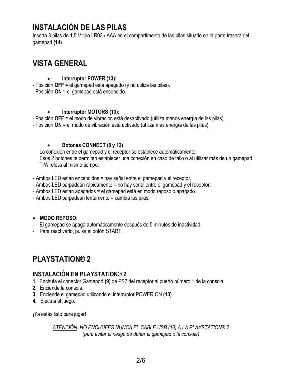 Instalación de las pilas, Vista general, Playstation® 2 | Thrustmaster T-Wireless 3-in-1 Rumble Force User Manual | Page 33 / 50