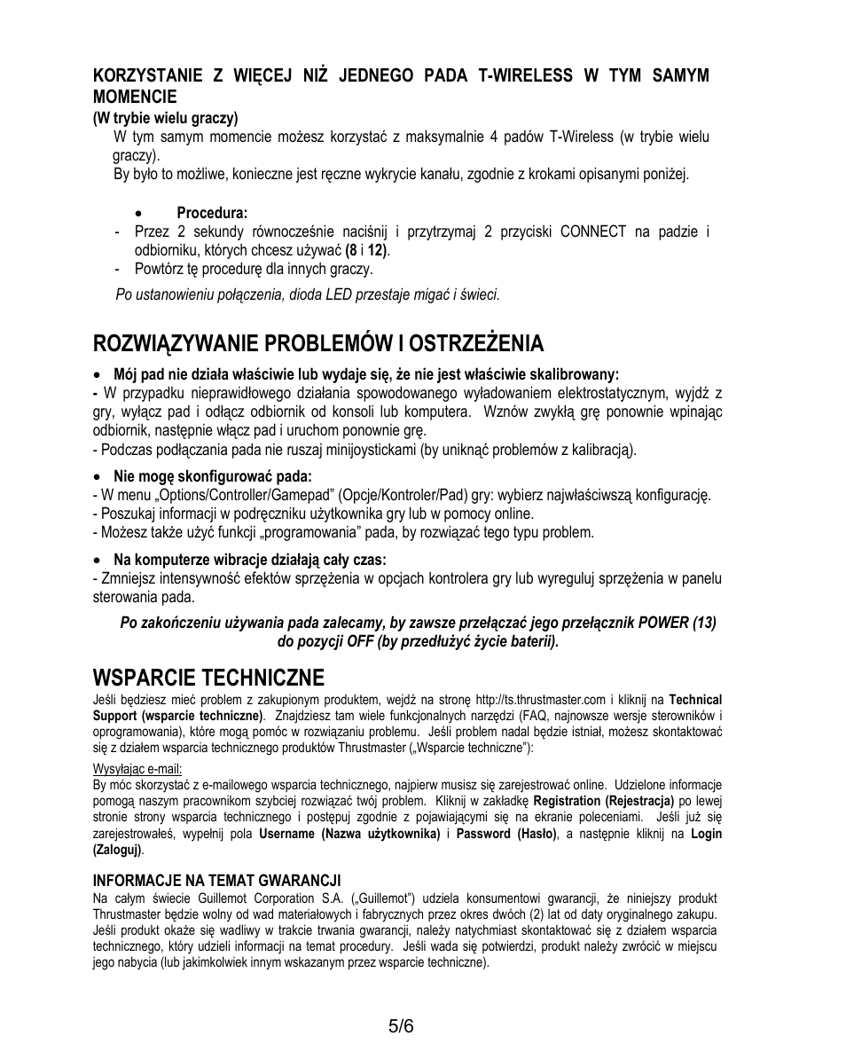 Rozwiązywanie problemów i ostrzeżenia, Wsparcie techniczne | Thrustmaster T-Wireless 3-in-1 Rumble Force User Manual | Page 48 / 50