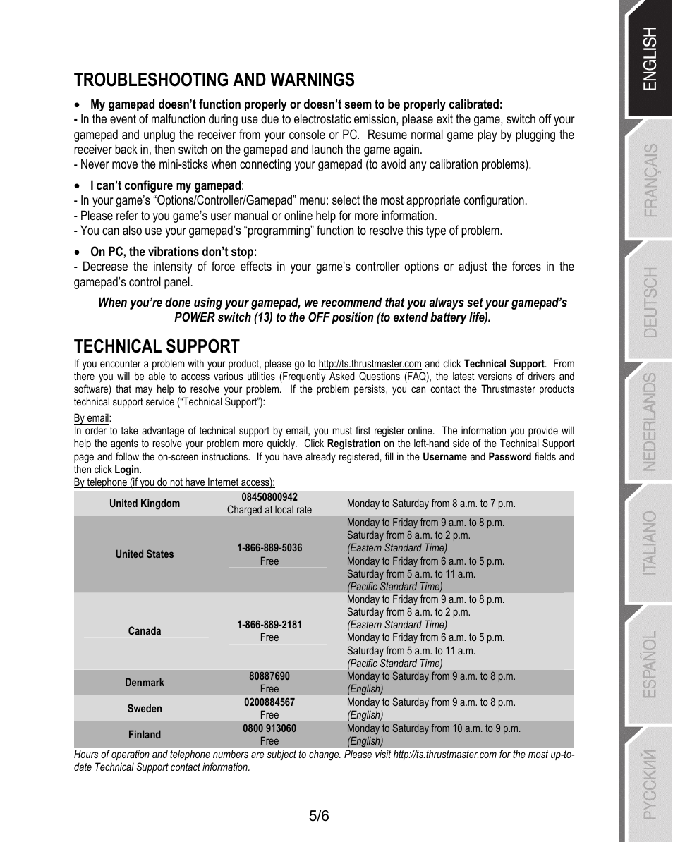 Troubleshooting and warnings, Technical support | Thrustmaster T-Wireless 3-in-1 Rumble Force User Manual | Page 6 / 50