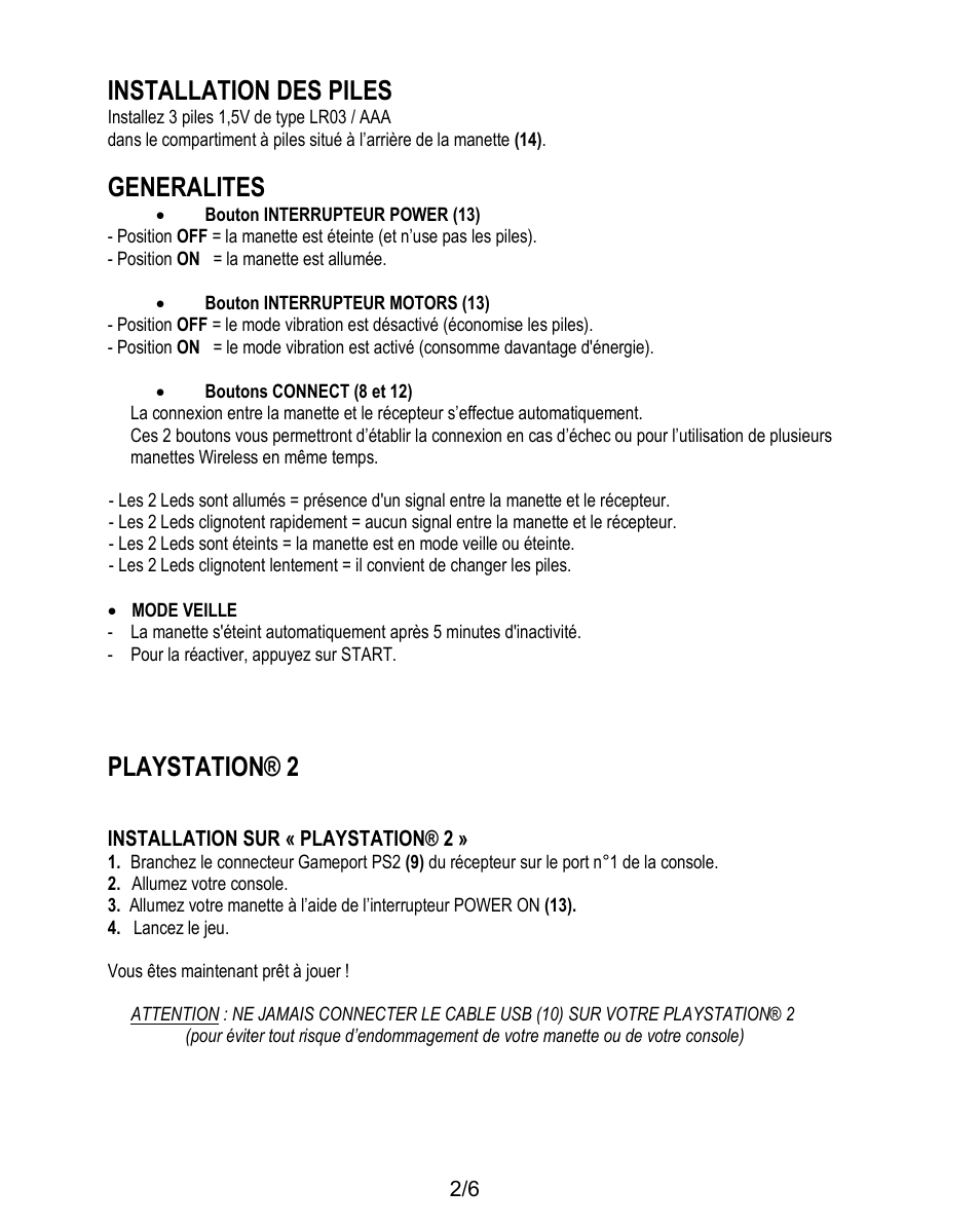 Installation des piles, Generalites, Playstation® 2 | Thrustmaster T-Wireless 3-in-1 Rumble Force User Manual | Page 9 / 50