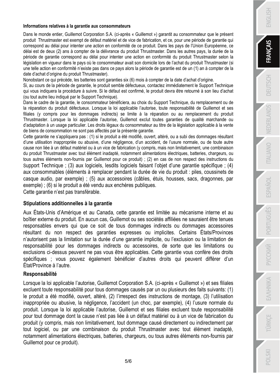 Stipulations additionnelles à la garantie, Responsabilité | Thrustmaster T-Wireless Black User Manual | Page 12 / 73