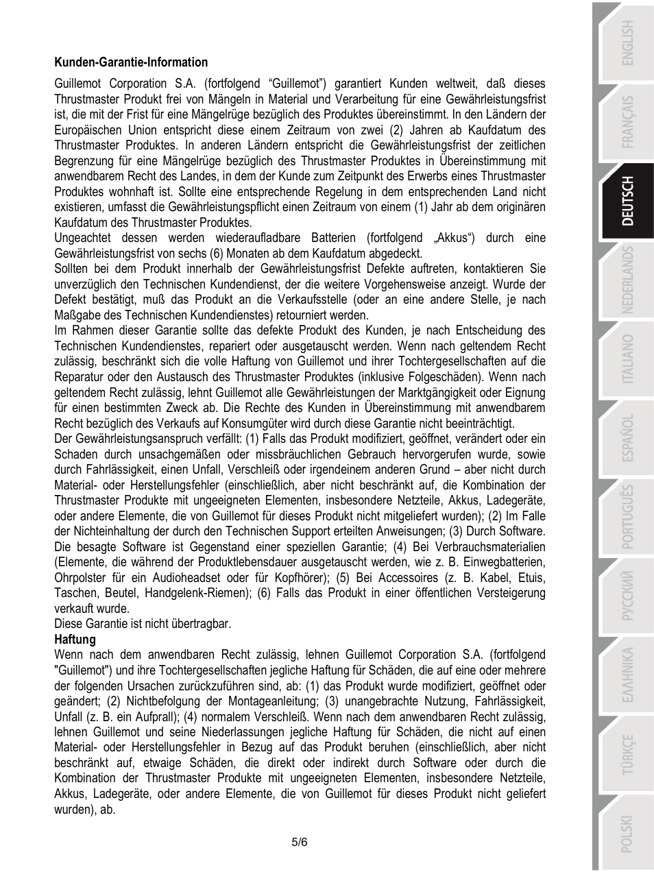 Kunden-garantie-information, Haftung | Thrustmaster T-Wireless Black User Manual | Page 18 / 73