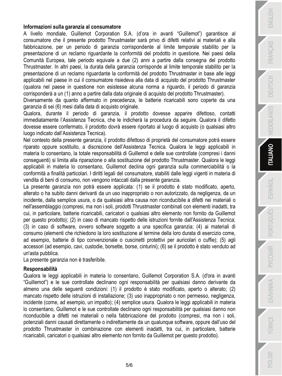 Informazioni sulla garanzia al consumatore, Responsabilità | Thrustmaster T-Wireless Black User Manual | Page 30 / 73