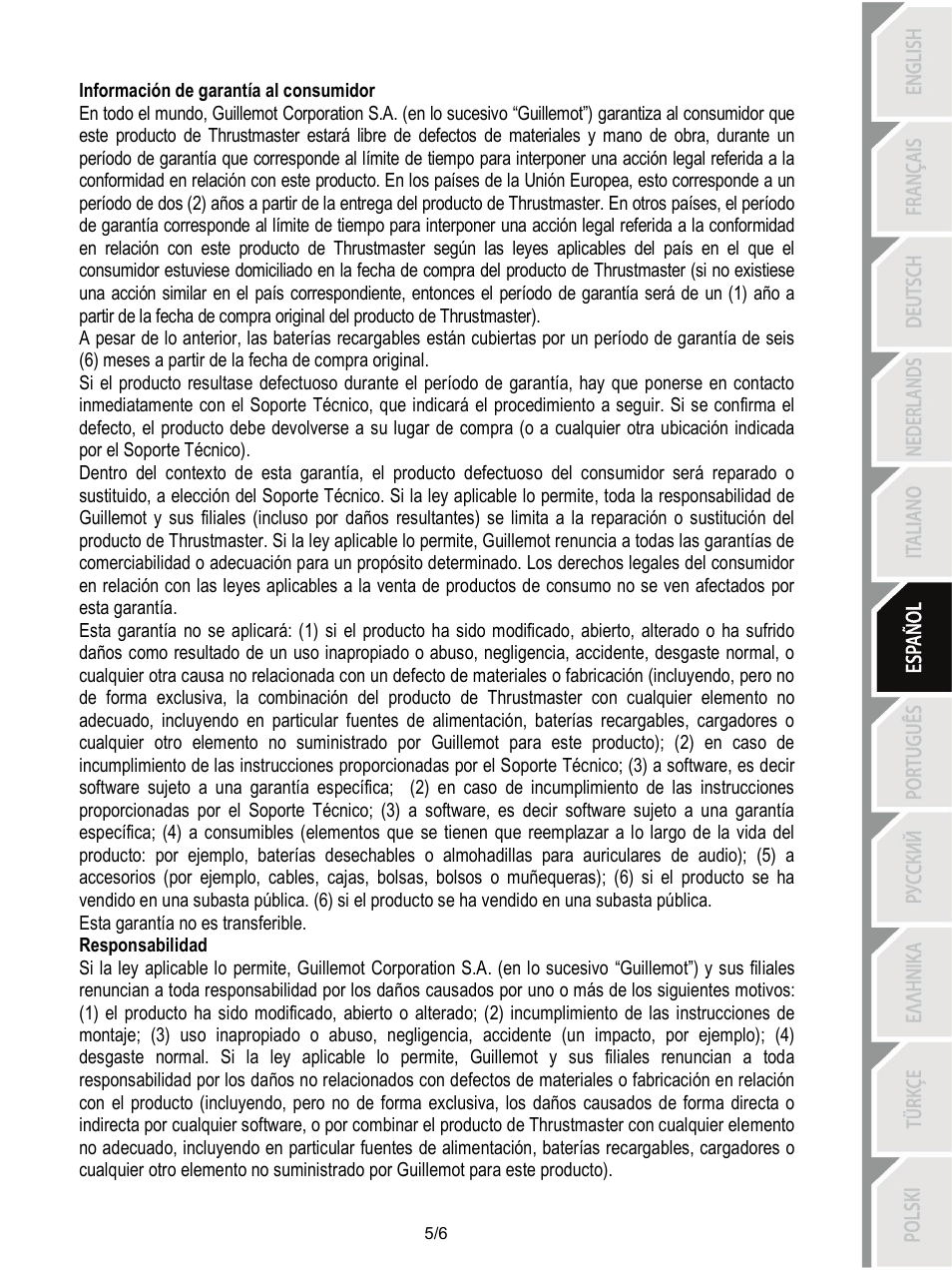 Información de garantía al consumidor, Responsabilidad | Thrustmaster T-Wireless Black User Manual | Page 36 / 73