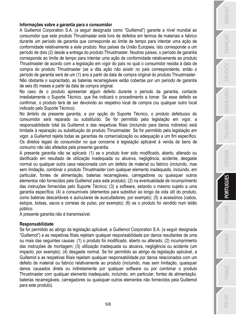 Informações sobre a garantia para o consumidor, Responsabilidade | Thrustmaster T-Wireless Black User Manual | Page 42 / 73