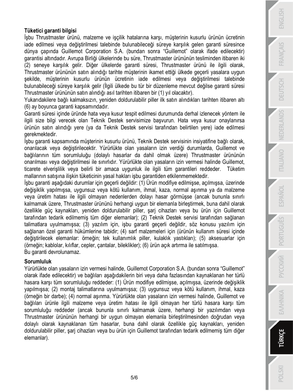 Tüketici garanti bilgisi, Sorumluluk | Thrustmaster T-Wireless Black User Manual | Page 60 / 73