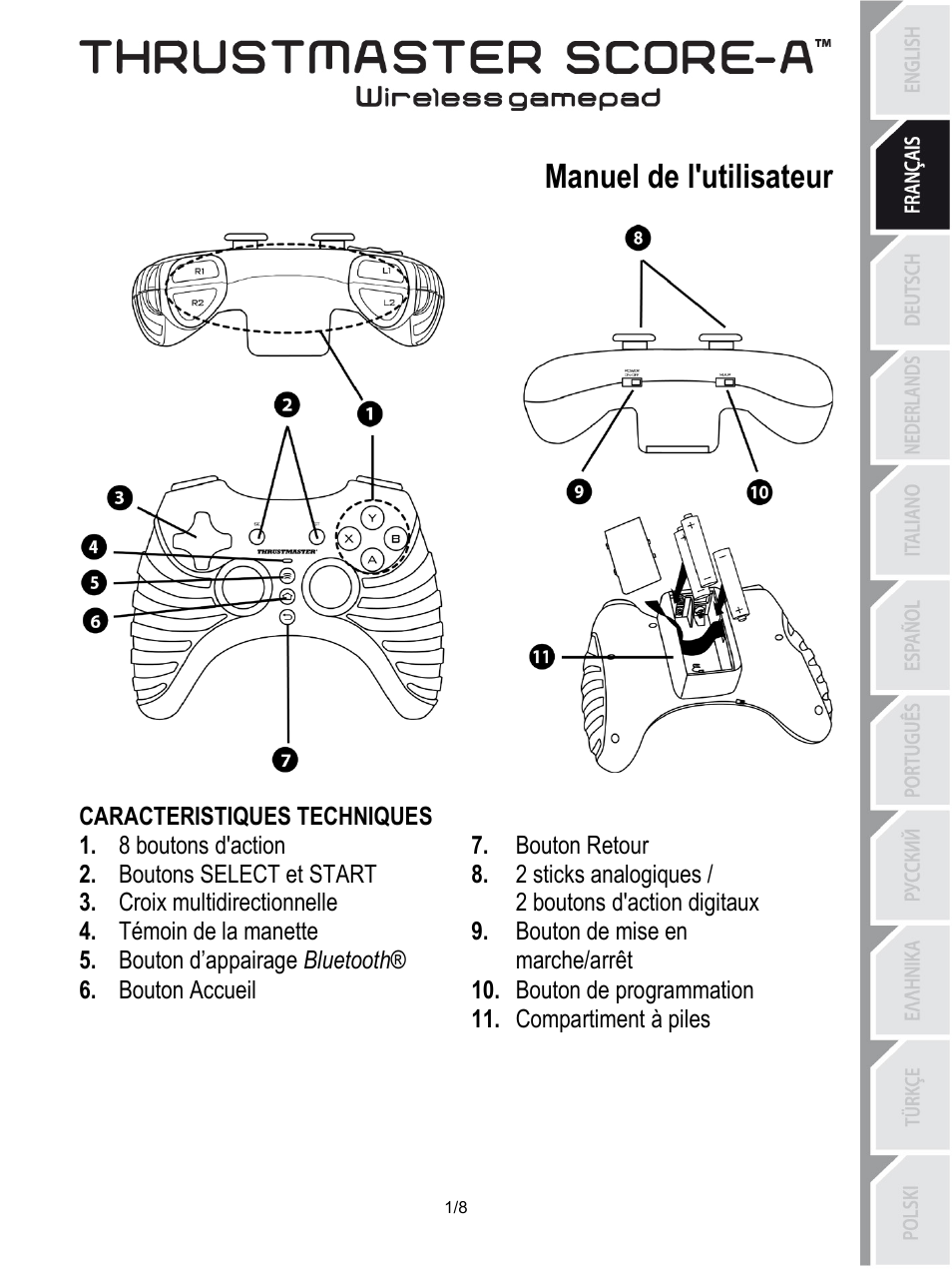 02_fra-thrustmaster_score-a, Manuel de l'utilisateur, Caracteristiques techniques | Bouton retour, 8 boutons d'action, 2 sticks analogiques / 2 boutons d'action digitaux, Boutons select et start, Croix multidirectionnelle, Bouton de mise en marche/arrêt, Témoin de la manette | Thrustmaster Score-A User Manual | Page 10 / 97