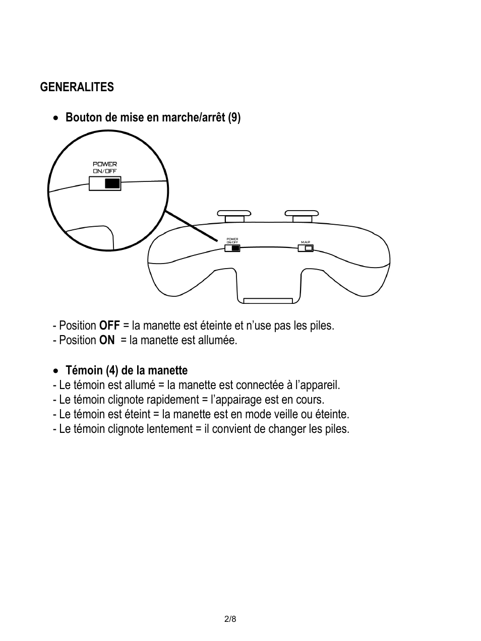 Generalites, Bouton de mise en marche/arrêt (9), Position on = la manette est allumée | Témoin (4) de la manette | Thrustmaster Score-A User Manual | Page 11 / 97