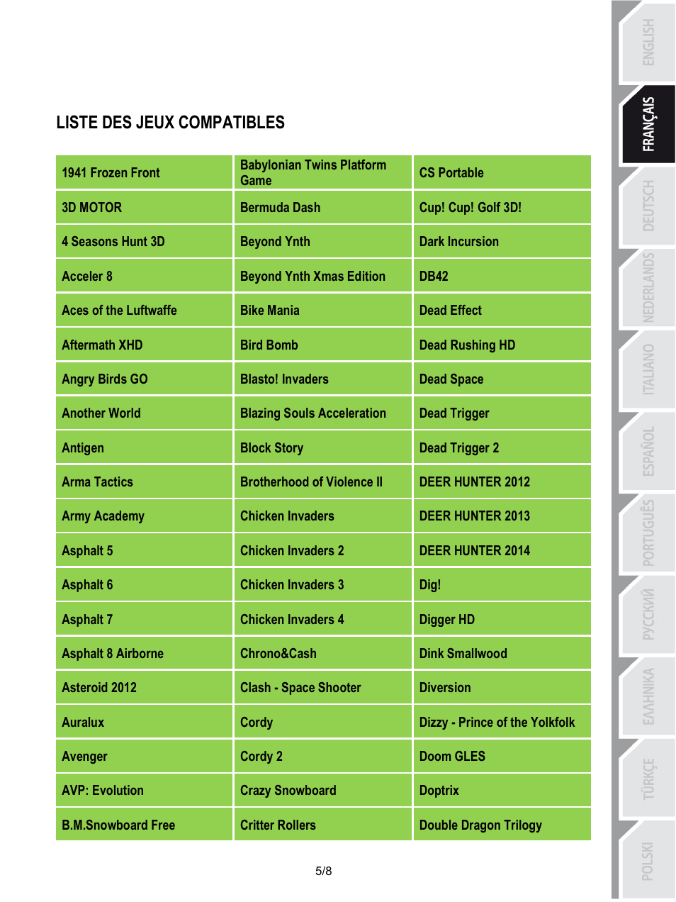 Liste des jeux compatibles, Babylonian twins platform game, Cs portable | 1941 frozen front, 3d motor, Cup! cup! golf 3d, Bermuda dash, Dark incursion, Beyond ynth, 4 seasons hunt 3d | Thrustmaster Score-A User Manual | Page 14 / 97