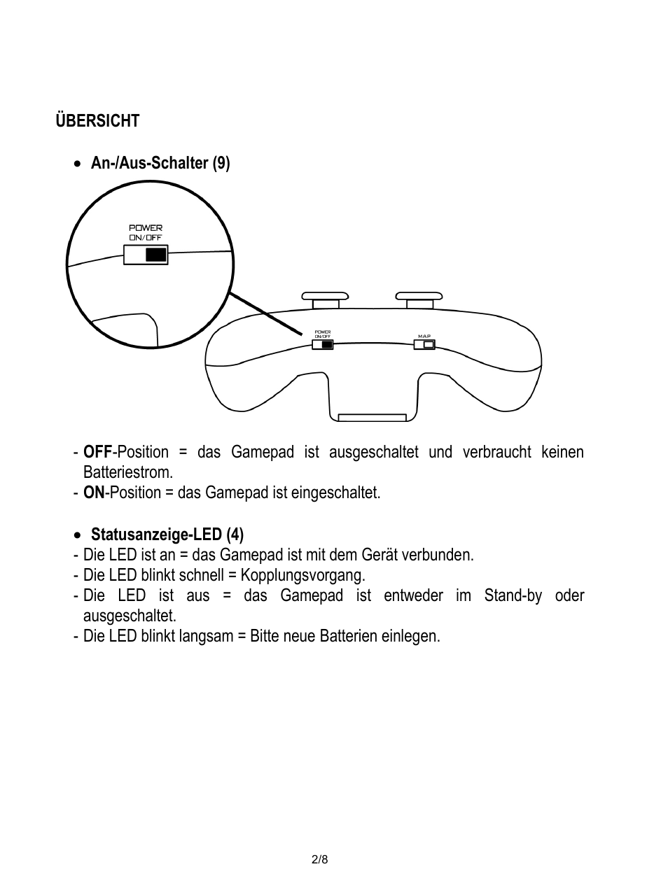 Übersicht, An-/aus-schalter (9), On-position = das gamepad ist eingeschaltet | Statusanzeige-led (4), Die led blinkt schnell = kopplungsvorgang | Thrustmaster Score-A User Manual | Page 19 / 97