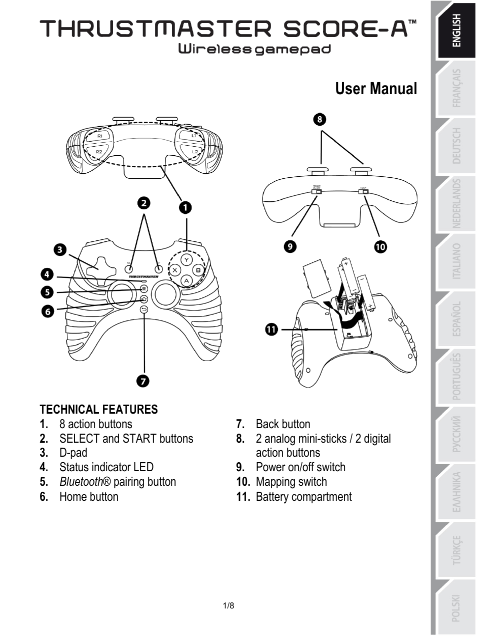 Thrustmaster_score-a_manual, 01_eng-thrustmaster_score-a, User manual | Technical features, Back button, 8 action buttons, 2 analog mini-sticks / 2 digital action buttons, Select and start buttons, D-pad, Power on/off switch | Thrustmaster Score-A User Manual | Page 2 / 97