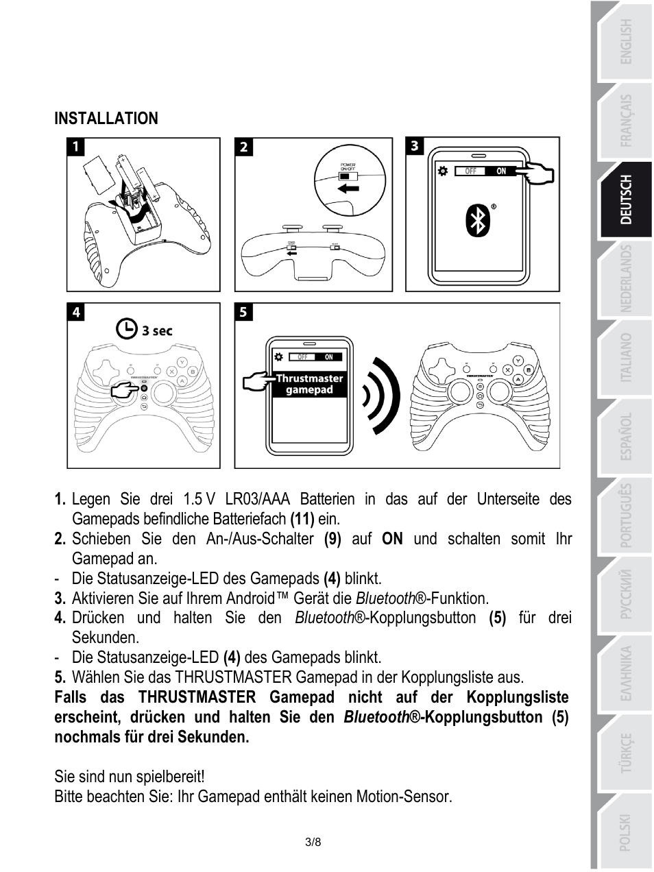 Installation, Die statusanzeige-led des gamepads (4) blinkt, Die statusanzeige-led (4) des gamepads blinkt | Sie sind nun spielbereit | Thrustmaster Score-A User Manual | Page 20 / 97