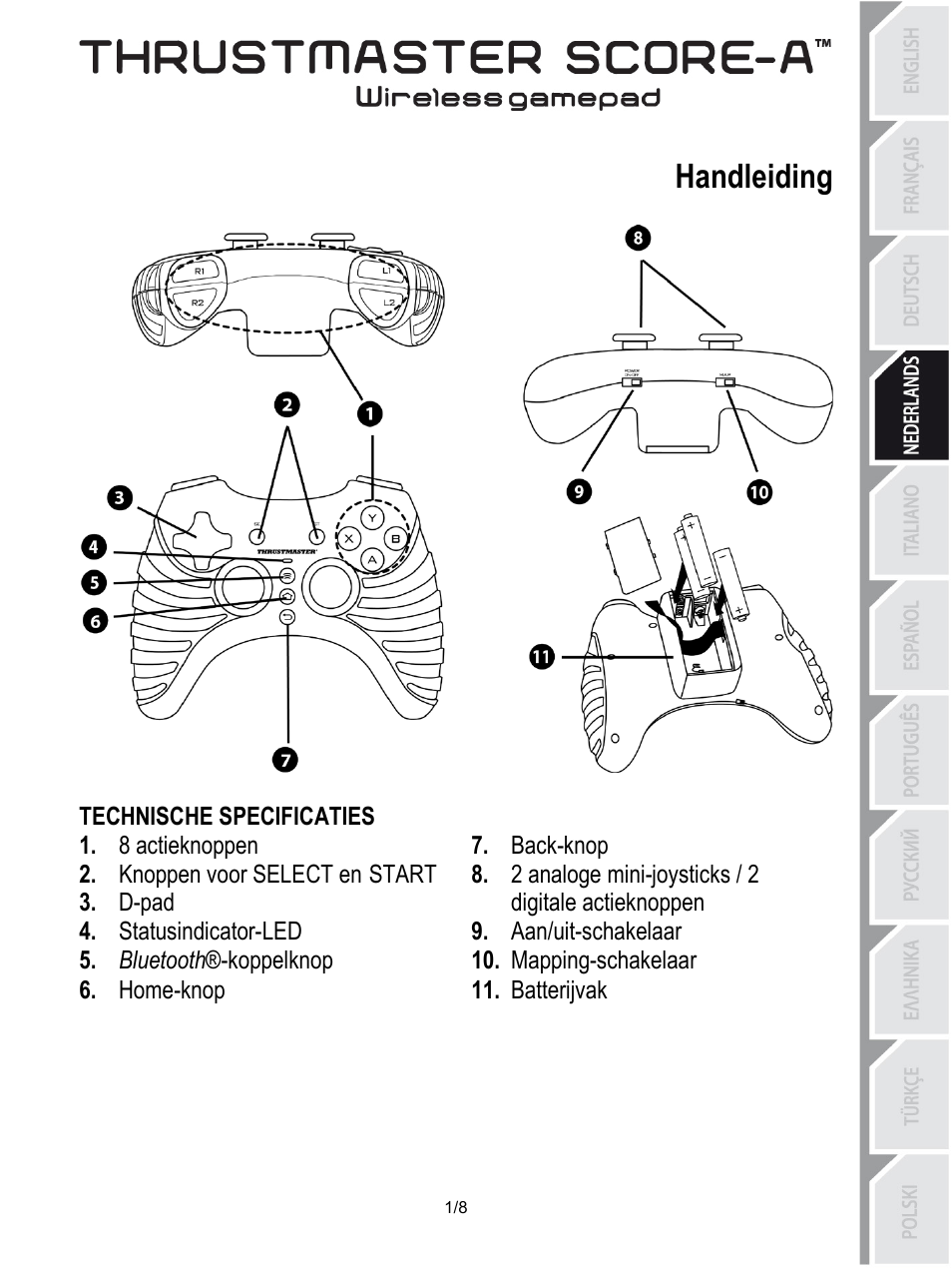 04_ned-thrustmaster_score-a, Handleiding, Technische specificaties | Back-knop, 8 actieknoppen, 2 analoge mini-joysticks / 2 digitale actieknoppen, Knoppen voor select en start, D-pad, Aan/uit-schakelaar, Statusindicator-led | Thrustmaster Score-A User Manual | Page 26 / 97