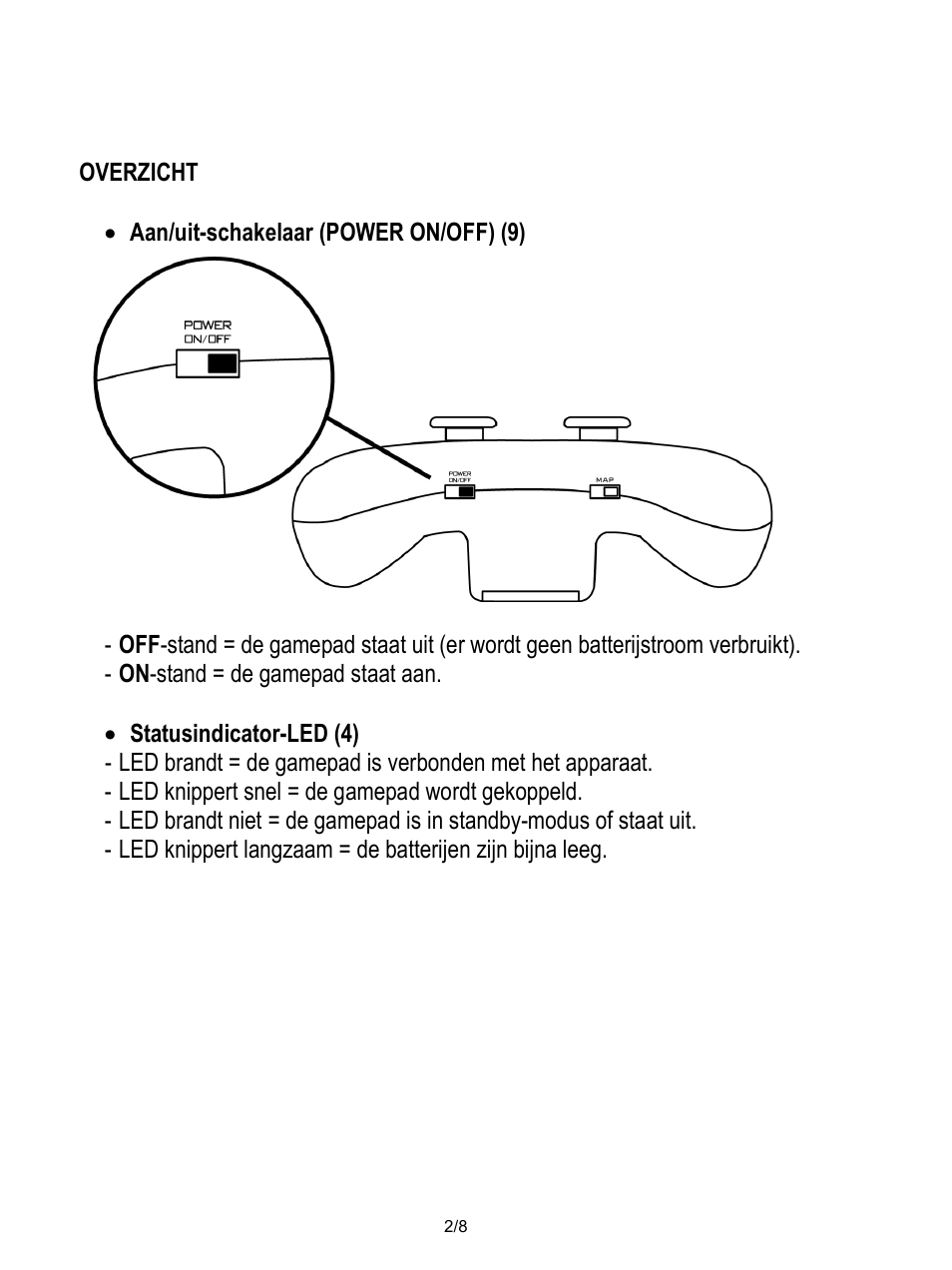 Overzicht, Aan/uit-schakelaar (power on/off) (9), On-stand = de gamepad staat aan | Statusindicator-led (4), Led knippert snel = de gamepad wordt gekoppeld | Thrustmaster Score-A User Manual | Page 27 / 97