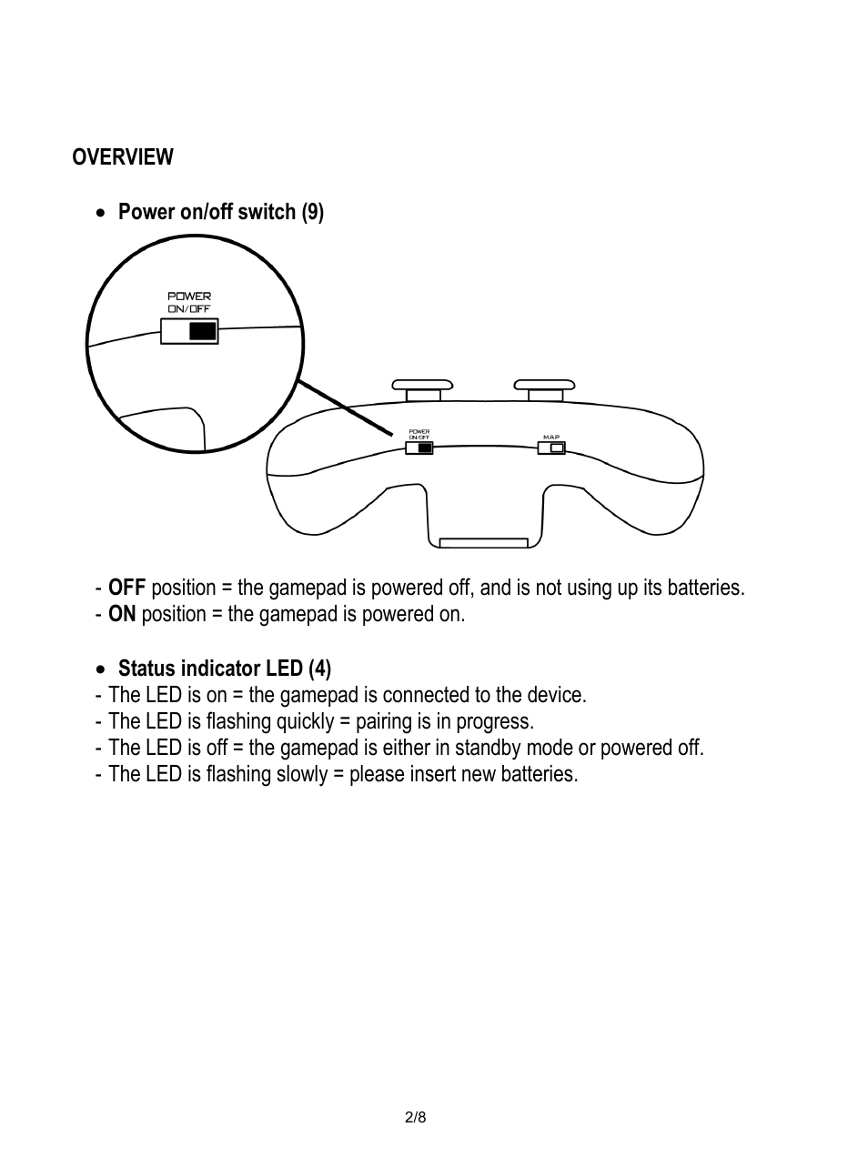 Overview, Power on/off switch (9), On position = the gamepad is powered on | Status indicator led (4) | Thrustmaster Score-A User Manual | Page 3 / 97