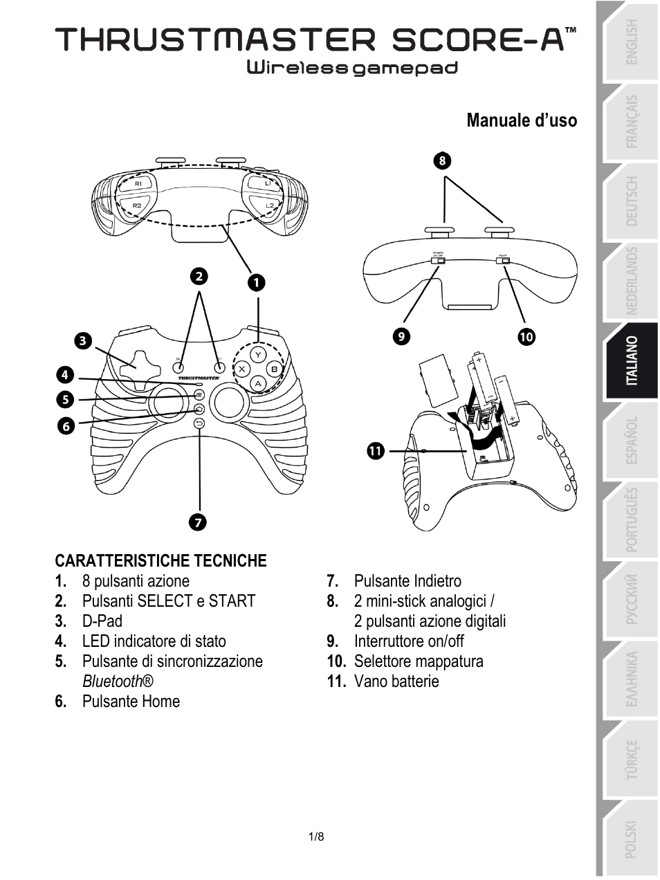 05_ita-thrustmaster_score-a, Manuale d’uso, Caratteristiche tecniche | Pulsante indietro, 8 pulsanti azione, Pulsanti select e start, D-pad, Interruttore on/off, Led indicatore di stato, Selettore mappatura | Thrustmaster Score-A User Manual | Page 34 / 97