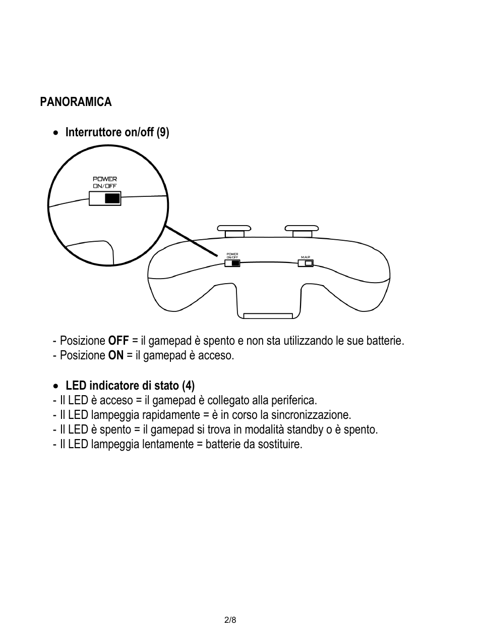 Panoramica, Interruttore on/off (9), Posizione on = il gamepad è acceso | Led indicatore di stato (4) | Thrustmaster Score-A User Manual | Page 35 / 97