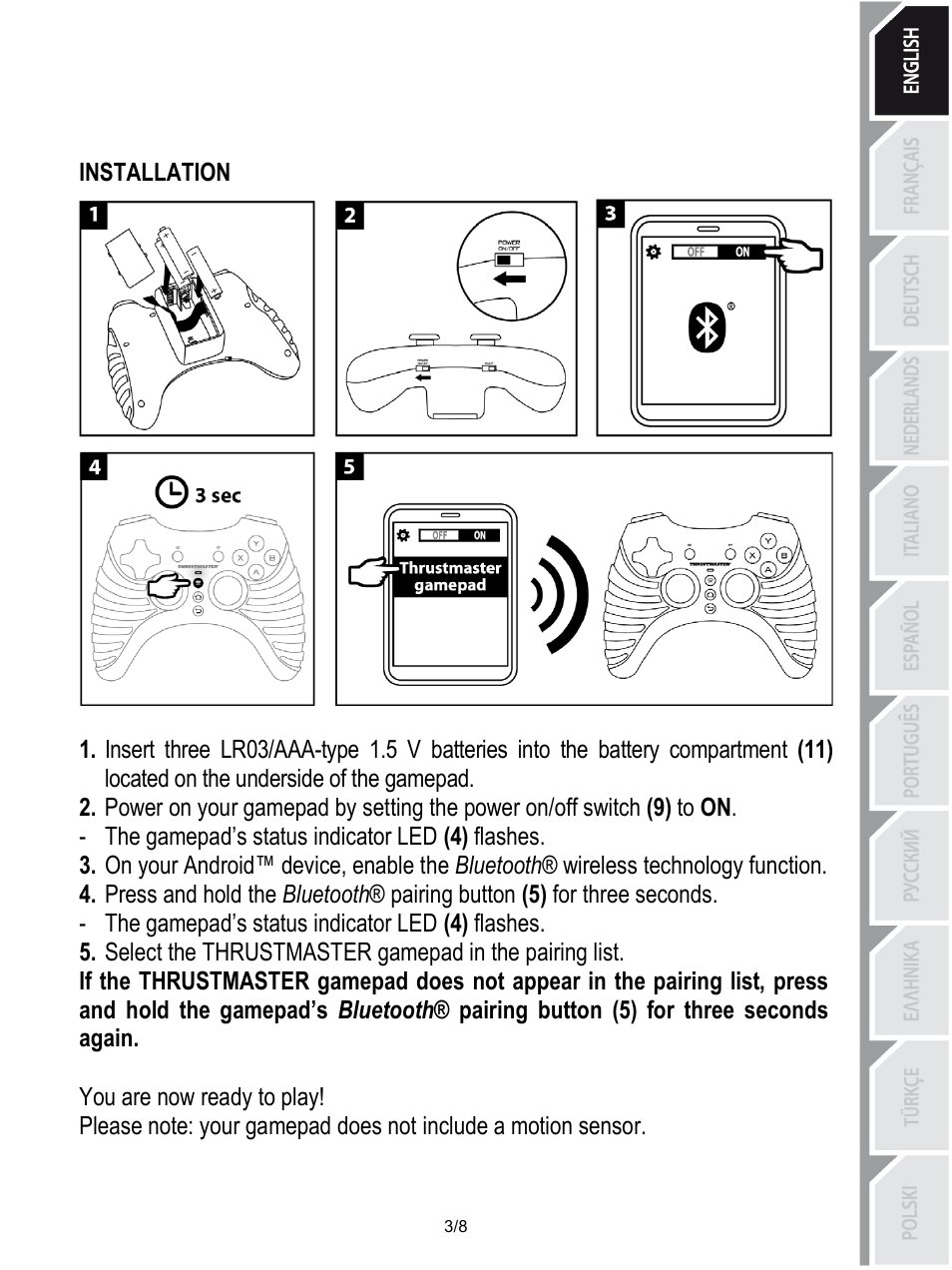 Installation, The gamepad’s status indicator led (4) flashes, You are now ready to play | Thrustmaster Score-A User Manual | Page 4 / 97