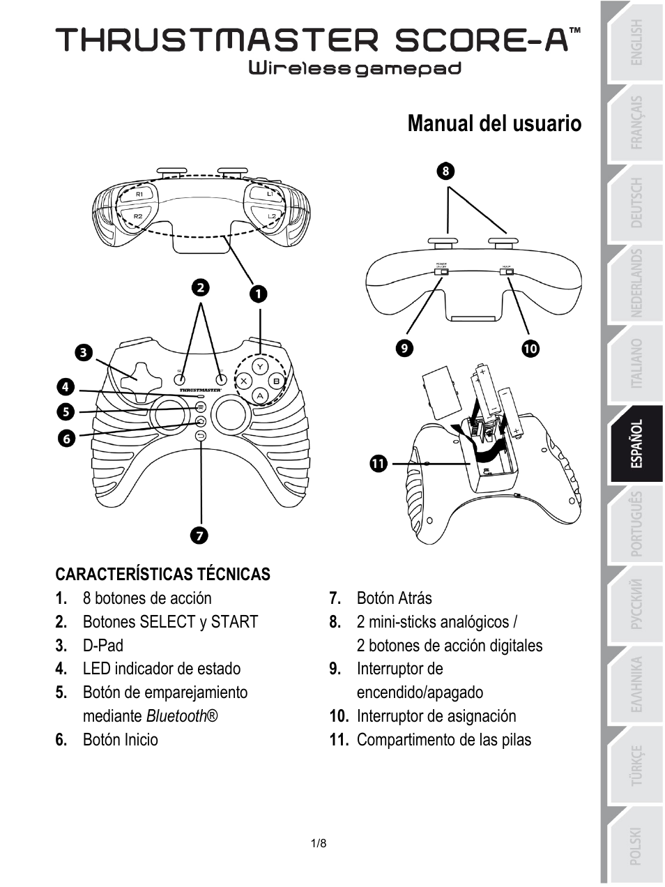 06_spa-thrustmaster_score-a, Manual del usuario, Características técnicas | Botón atrás, 8 botones de acción, Botones select y start, D-pad, Interruptor de encendido/apagado, Led indicador de estado, Botón de emparejamiento mediante bluetooth | Thrustmaster Score-A User Manual | Page 42 / 97