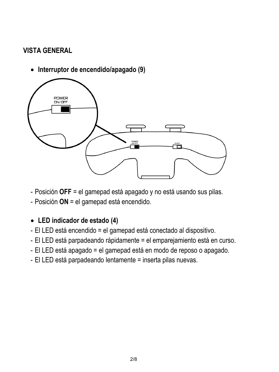 Vista general, Interruptor de encendido/apagado (9), Posición on = el gamepad está encendido | Led indicador de estado (4) | Thrustmaster Score-A User Manual | Page 43 / 97