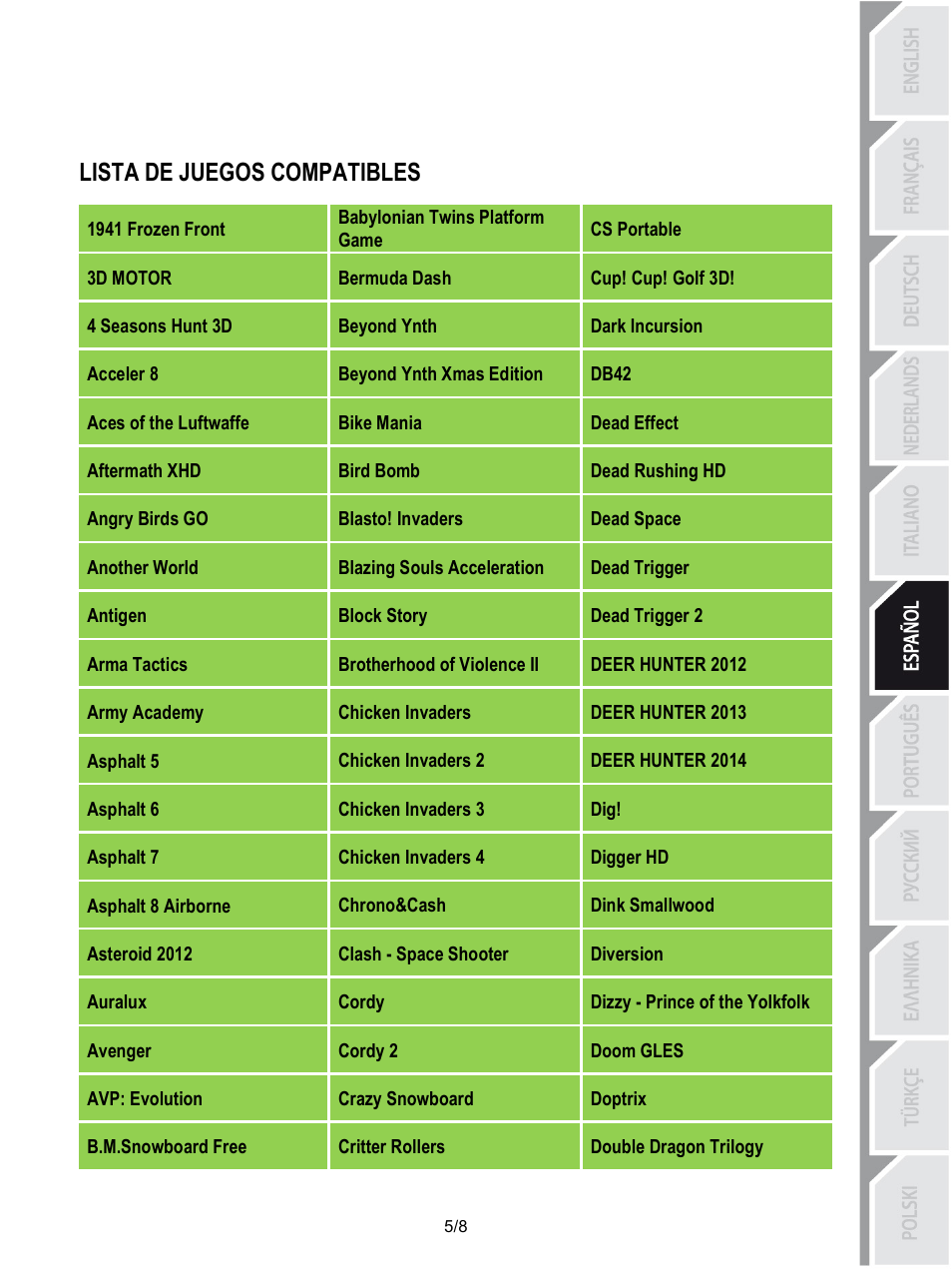 Lista de juegos compatibles, Babylonian twins platform game, Cs portable | 1941 frozen front, 3d motor, Cup! cup! golf 3d, Bermuda dash, Dark incursion, Beyond ynth, 4 seasons hunt 3d | Thrustmaster Score-A User Manual | Page 46 / 97