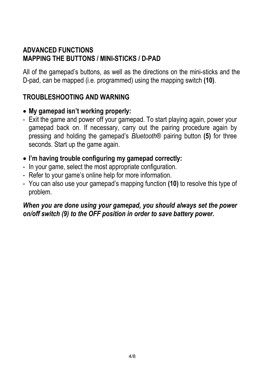 Advanced functions, Mapping the buttons / mini-sticks / d-pad, Troubleshooting and warning | My gamepad isn’t working properly | Thrustmaster Score-A User Manual | Page 5 / 97