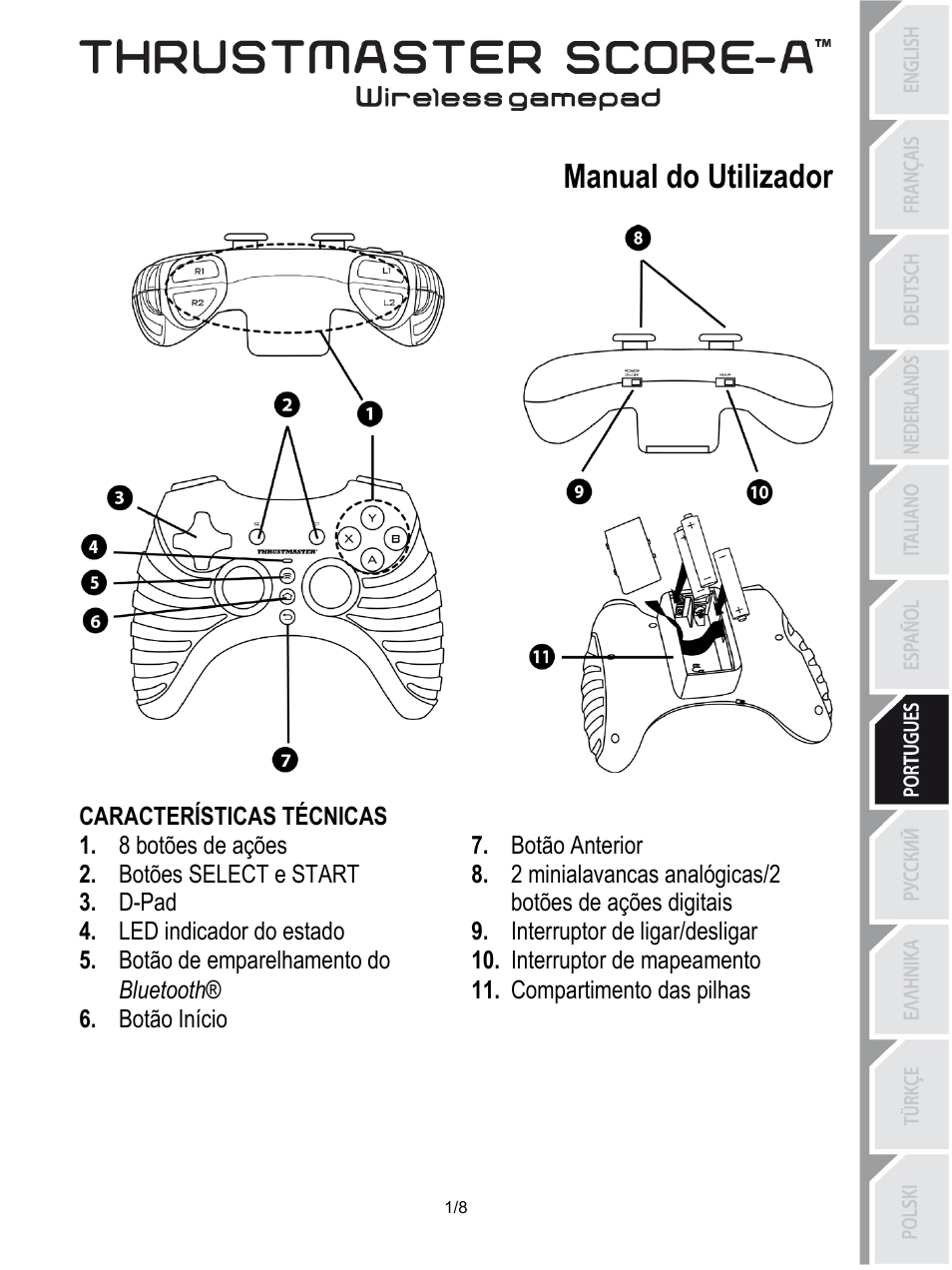 07_por-thrustmaster_score-a, Manual do utilizador, Características técnicas | Botão anterior, 8 botões de ações, Botões select e start, D-pad, Interruptor de ligar/desligar, Led indicador do estado, Interruptor de mapeamento | Thrustmaster Score-A User Manual | Page 50 / 97