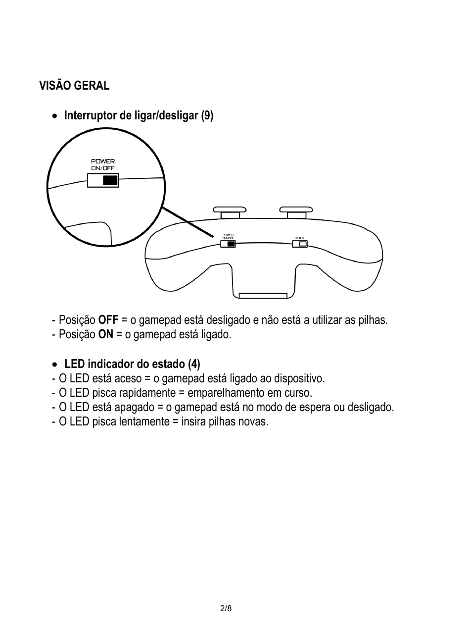 Visão geral, Interruptor de ligar/desligar (9), Posição on = o gamepad está ligado | Led indicador do estado (4), O led pisca rapidamente = emparelhamento em curso, O led pisca lentamente = insira pilhas novas | Thrustmaster Score-A User Manual | Page 51 / 97