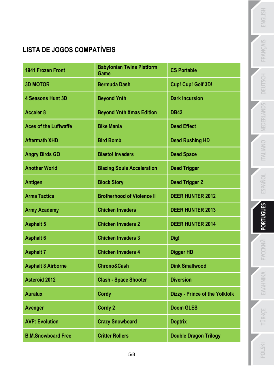 Lista de jogos compatíveis, Babylonian twins platform game, Cs portable | 1941 frozen front, 3d motor, Cup! cup! golf 3d, Bermuda dash, Dark incursion, Beyond ynth, 4 seasons hunt 3d | Thrustmaster Score-A User Manual | Page 54 / 97