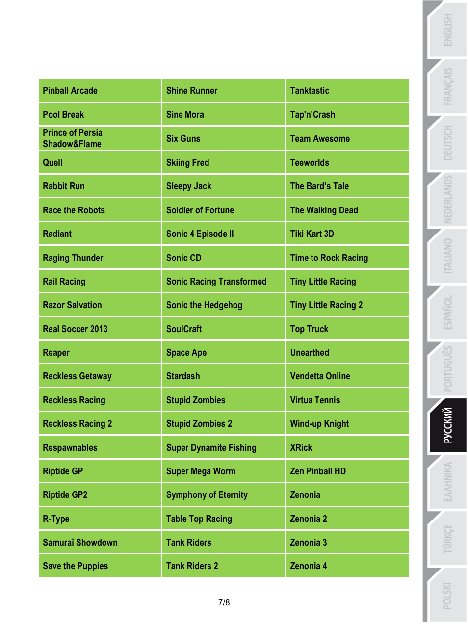 Tanktastic, Shine runner, Pinball arcade | Tap'n'crash, Sine mora, Pool break, Prince of persia shadow&flame, Team awesome, Six guns, Teeworlds | Thrustmaster Score-A User Manual | Page 64 / 97