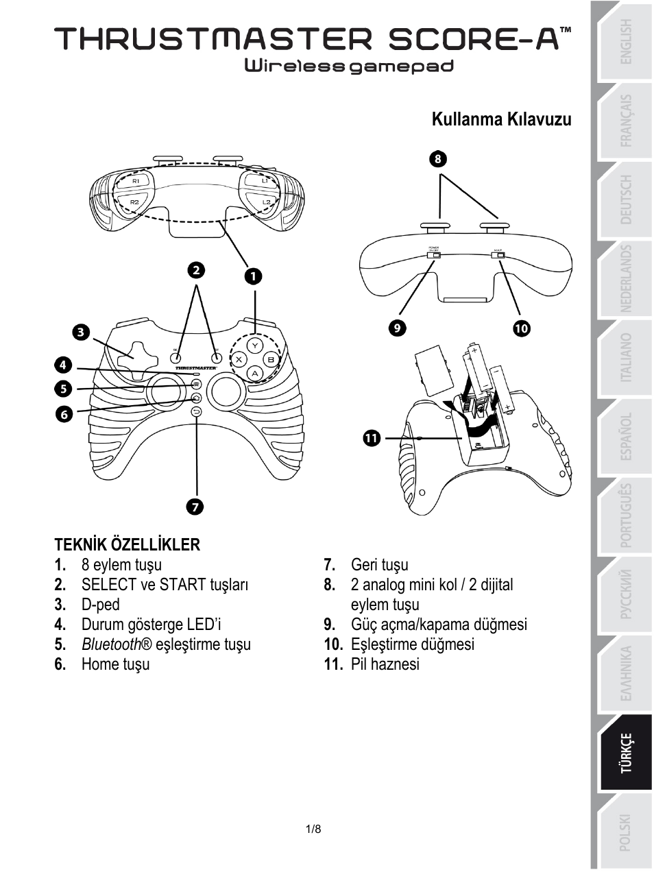 10_tur-thrustmaster_score-a, Kullanma kılavuzu, Teknik özellikler | Geri tuşu, 8 eylem tuşu, 2 analog mini kol / 2 dijital eylem tuşu, Select ve start tuşları, D-ped, Güç açma/kapama düğmesi, Durum gösterge led’i | Thrustmaster Score-A User Manual | Page 74 / 97