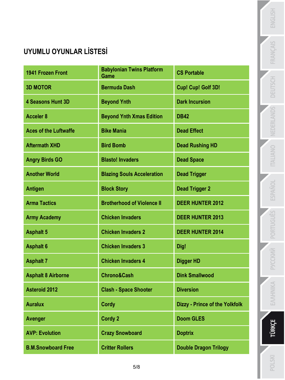 Uyumlu oyunlar listesi, Babylonian twins platform game, Cs portable | 1941 frozen front, 3d motor, Cup! cup! golf 3d, Bermuda dash, Dark incursion, Beyond ynth, 4 seasons hunt 3d | Thrustmaster Score-A User Manual | Page 78 / 97