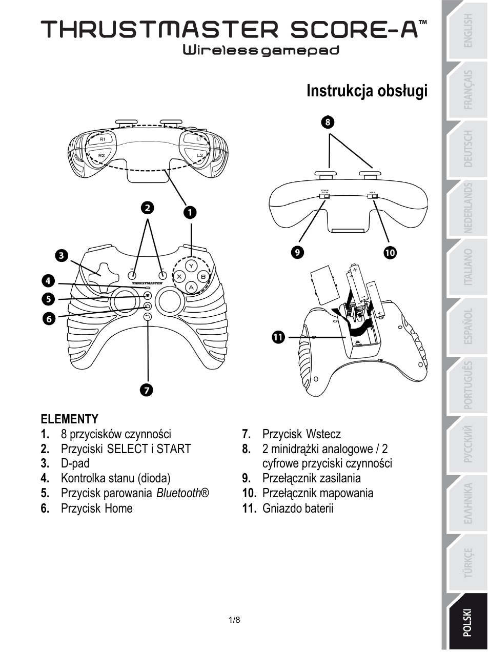 11_pol-thrustmaster_score-a, Instrukcja obsługi, Elementy | Przycisk wstecz, 8 przycisków czynności, Przyciski select i start, D-pad, Przełącznik zasilania, Kontrolka stanu (dioda), Przełącznik mapowania | Thrustmaster Score-A User Manual | Page 82 / 97