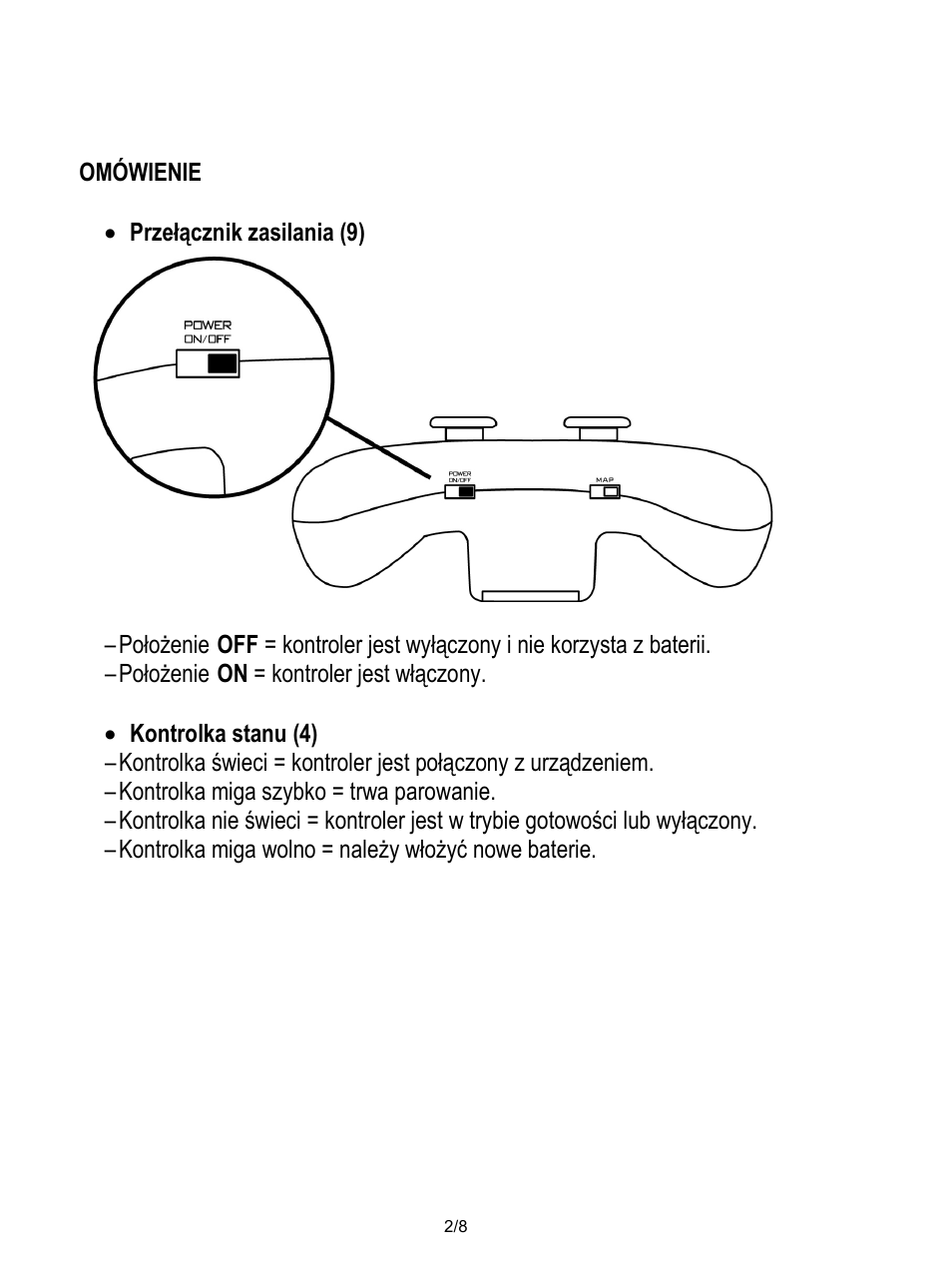 Omówienie, Przełącznik zasilania (9), Położenie on = kontroler jest włączony | Kontrolka stanu (4), Kontrolka miga szybko = trwa parowanie, Kontrolka miga wolno = należy włożyć nowe baterie | Thrustmaster Score-A User Manual | Page 83 / 97