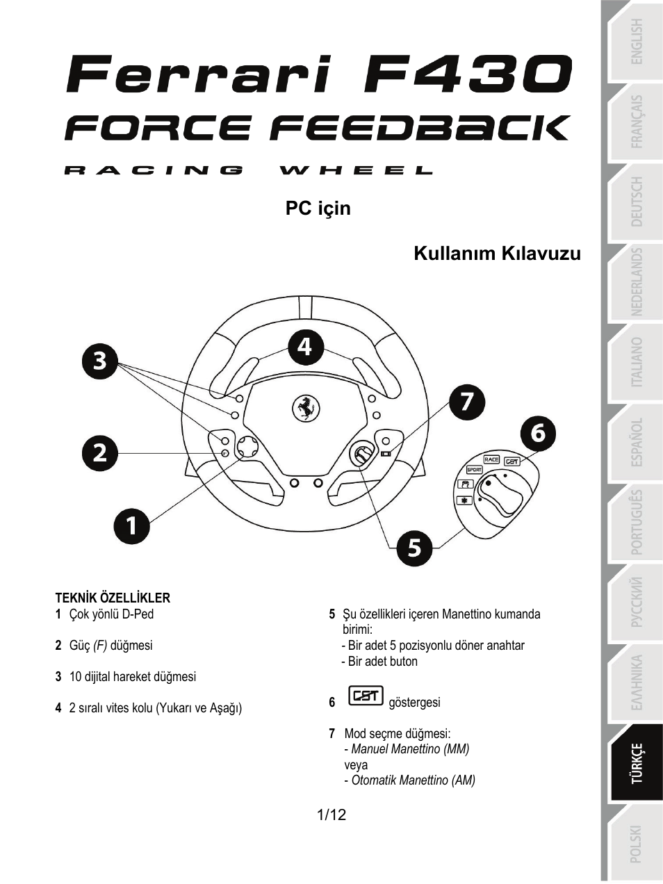 10_tur_ferrari f430 force feedback racing wheel_v4, Teknik özellikler, Pc için kullanım kılavuzu | Thrustmaster F430 FFB User Manual | Page 110 / 147