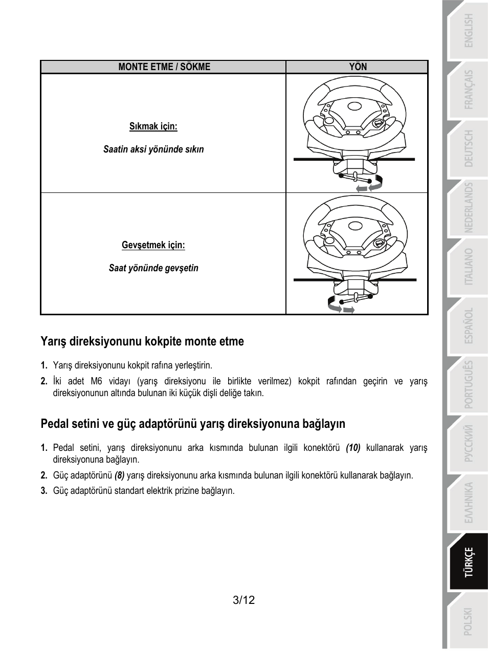 Monte etme / sökme, Yarış direksiyonunu kokpite monte etme | Thrustmaster F430 FFB User Manual | Page 112 / 147