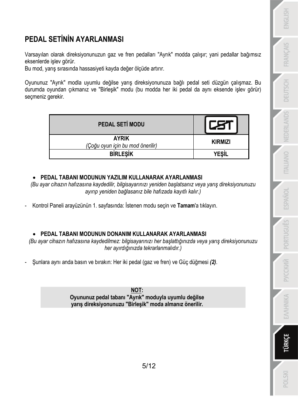 Pedal setinin ayarlanmasi | Thrustmaster F430 FFB User Manual | Page 114 / 147