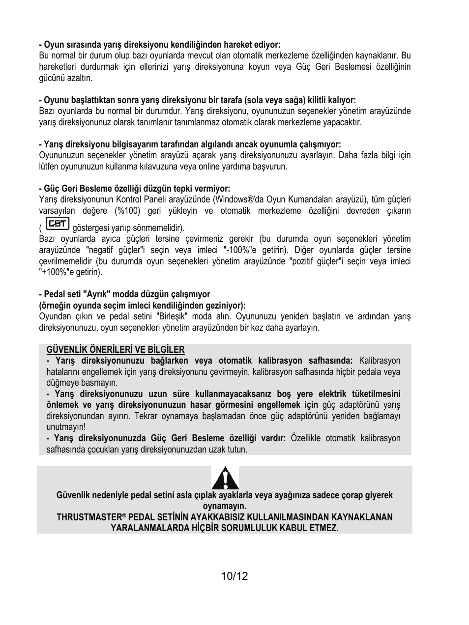 Güvenlik önerileri ve bilgiler | Thrustmaster F430 FFB User Manual | Page 119 / 147